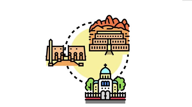 Religious buildings concept showing various temple chapels and worship places. Including ancient mesopotamian ziggurats. Classic temples. And modern churches