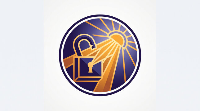 Open padlock symbolizing freedom releasing radiant golden light beams within circular graphic design concept with purple circular background emitting bright golden
