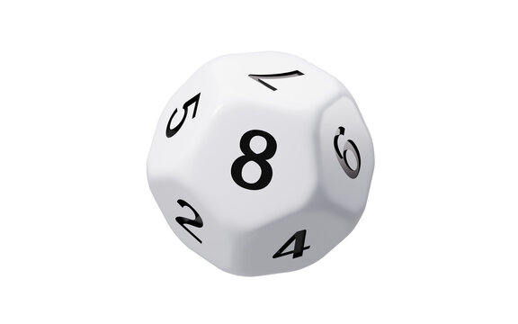 White dodecahedral dice with black numbers on it, 3d rendering.
