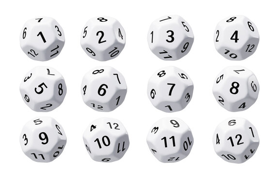 White dodecahedral dice with black numbers on it, 3d rendering.