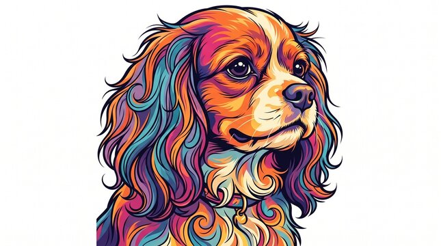 Colorful Pop Art Dog Portrait Cavalier King Charles Spaniel Bright Neon Colors Artwork Vector Illustration Canvas Poster T-Shirt Print Graphic Decorative Wall Art Pet Lover Gift