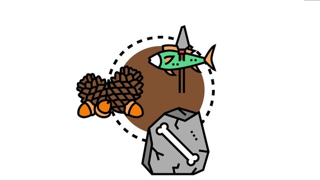 Ancient scavenger and hunter gatherer lifestyle concept showing elements like speared fish, pine cones for kindling, and a stone with a bone symbol, depicting prehistoric survival