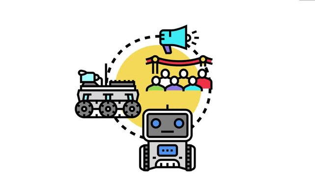 Robots and artificial intelligence prototypes presenting future technology, innovation, and automation solutions at a public event with an audience