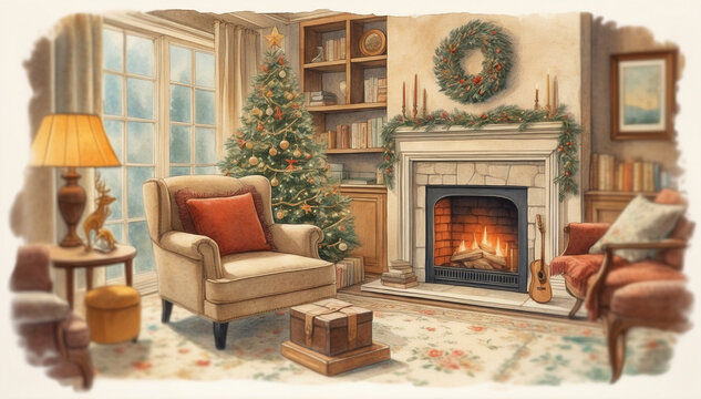 Artistic scrapbook style collage of cozy winter home interior with fireplace and Christmas tree.