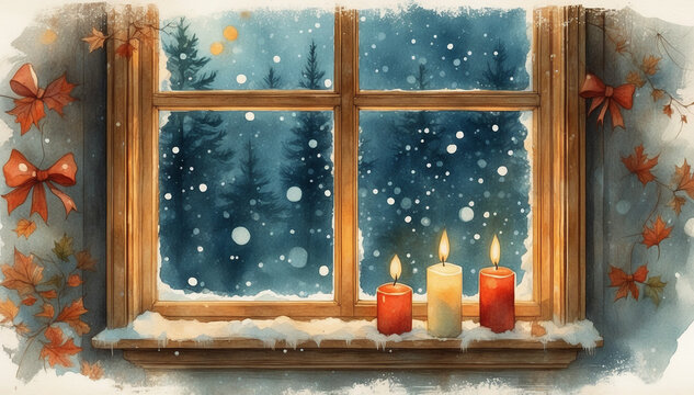 Burning candle on window frame at night during Christmas winter snowfall.