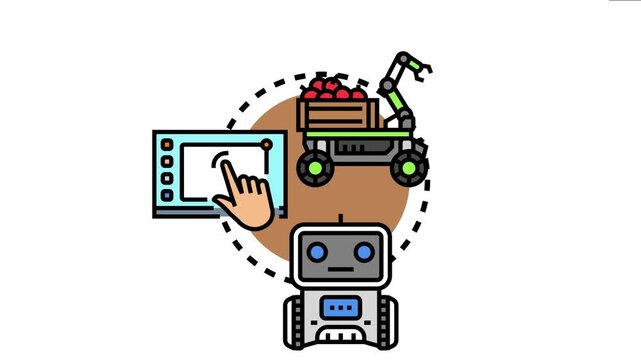 Robotic system an operator controlling an agricultural robot harvesting crops and a small general purpose robot, depicting advanced automated technology and remote management