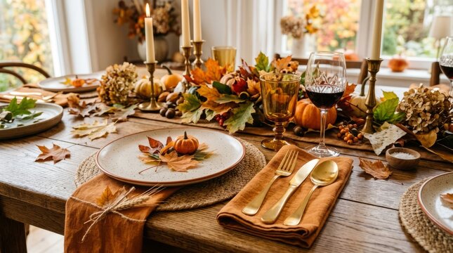 Elegant autumn harvest dinner table setting with seasonal vegetables and bread.