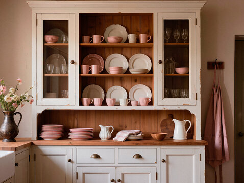 Rustic White Hutch Filled with Pink and White Tableware in Kitchen