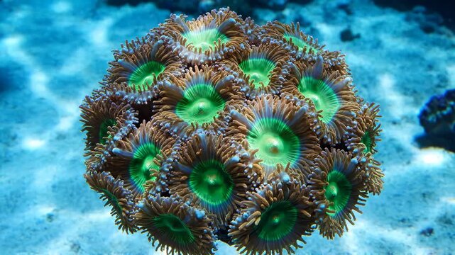Vibrant Green and Brown Zoanthid Coral Colony Thriving Underwater.