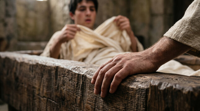 Jesus miraculously interrupting a funeral procession to raise the widow of Nain's only son from the dead
