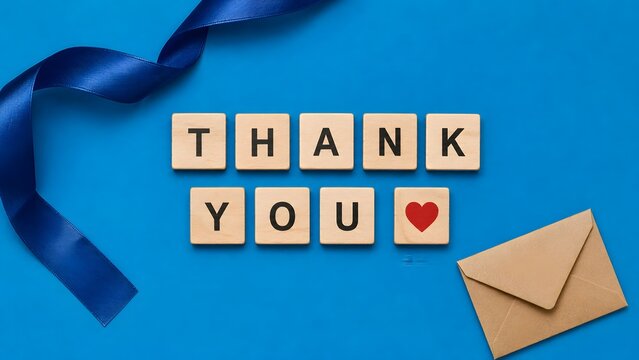 Customer appreciation and gratitude message spelled in wooden thank you blocks with craft envelope and blue ribbon