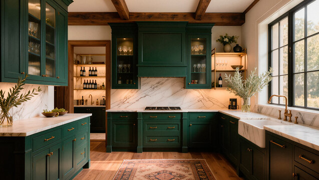 Home Bar with Dark Green Cabinets and Floral Wallpaper
