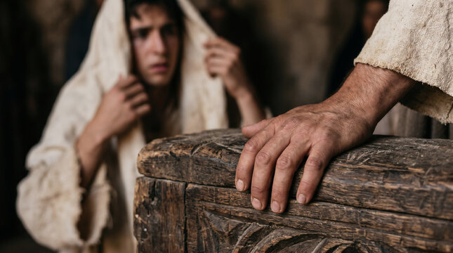 Jesus miraculously interrupting a funeral procession to raise the widow of Nain's only son from the dead