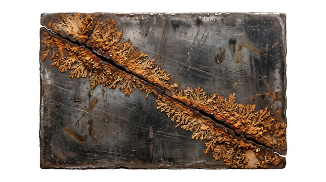 Leaves preserved under a rusted steel plate with corrosion and weathered texture