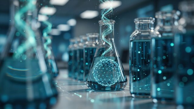 Futuristic lab flask with glowing DNA helix and neural network for biotechnology research