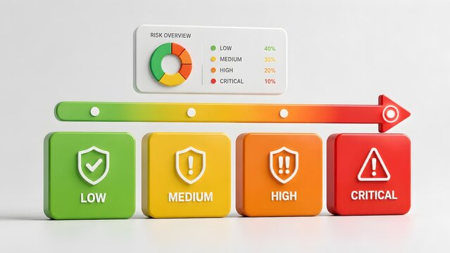 Risk management assessment dashboard matrix with hazard warning timeline moving from low safety to critical danger