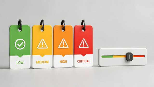 Risk management assessment hazard level tags for low medium high and critical beside green safety slider switch