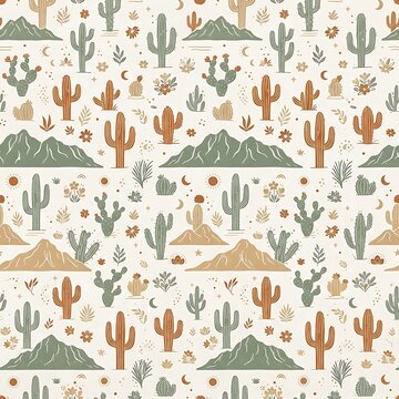 Southwestern desert pattern with cacti and mountains on light background.