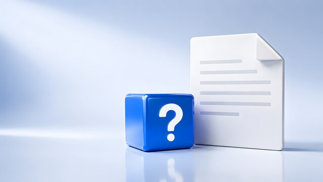 Frequently asked questions FAQ and legal contract clarification with blue question mark block beside blank paper