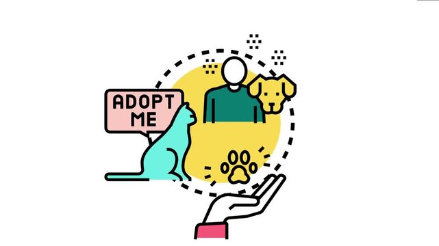 Animal adoption hub concept showing a cat asking to be adopted, connecting with a human hand and paw print, also including a person hugging a dog, pet adoption and care
