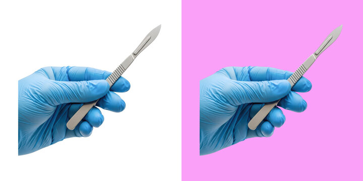 Surgeon holding a sharp metal surgical scalpel for operation