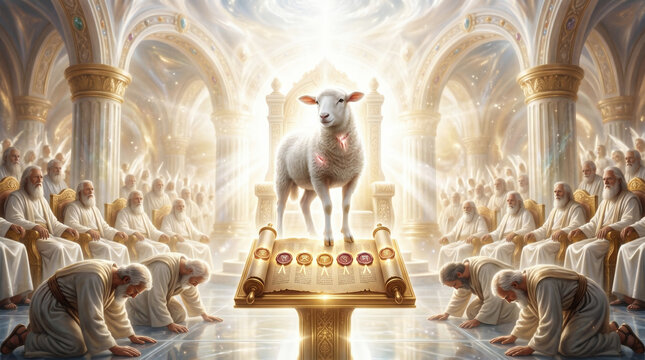 The Lamb of God, appearing as though it had been slain, standing in the center of the heavenly throne, taking the scroll
