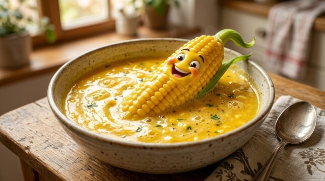 Creamy pumpkin soup served in a rustic ceramic bowl with corn on the cob.