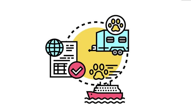 Animal care transport van icon representing pet relocation services and global animal transportation with document processing and different modes of transport