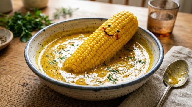 Creamy Corn Chowder Served in Blue and White Bowl with Spoon.
