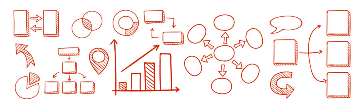 Hand drawn sketch collection of red marker infographic elements featuring business charts, workflow diagrams, and data visualization schemas.