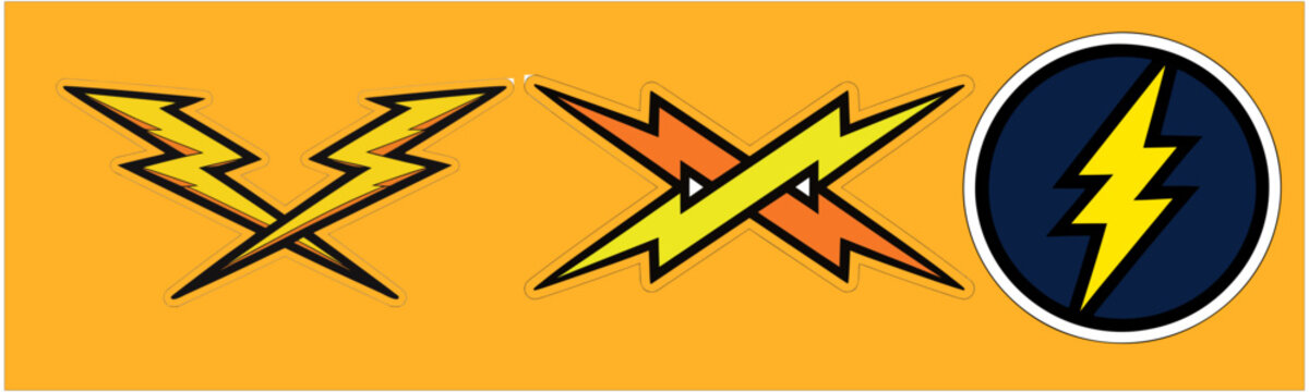 Set of three distinct lightning bolt graphic illustrations featuring crossed geometric shapes and a circular yellow flash emblem.
