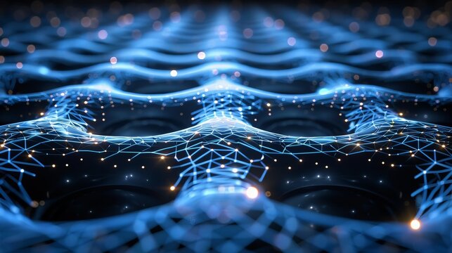 Futuristic blue nanotech concept with glowing lattice structures symbolizing biotech advances