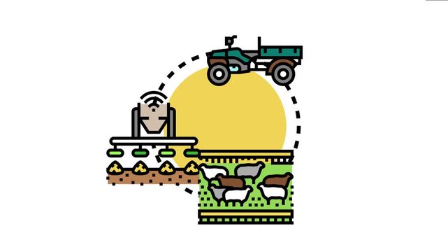 Smart farming technologies managing animal feed, planting seeds, and monitoring livestock on a farm, integrating innovation for efficient agriculture and animal husbandry