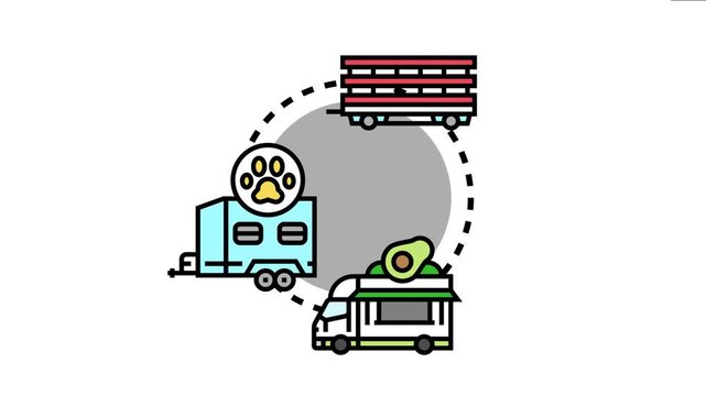 Animal feed and livestock truck, horse trailer with a paw print icon, and a food truck with avocado, various transportation services for farming and pets