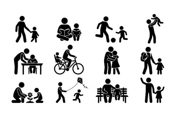 Obraz premium Father and child stick figure icon set featuring family activities