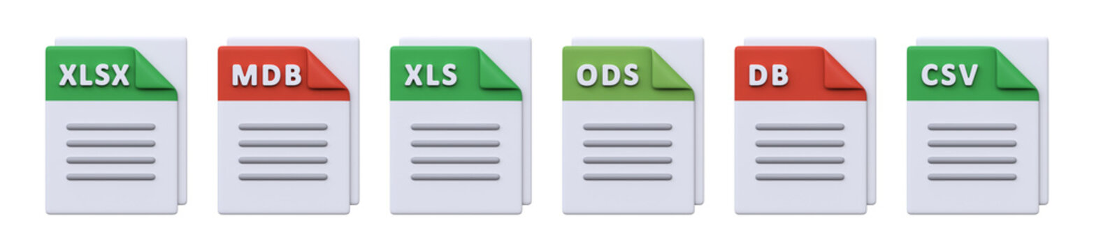 3D Spreadsheet and Database File Format Icons Set