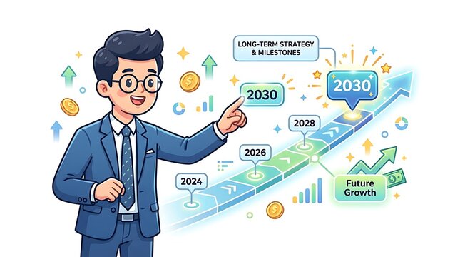 Businessman pointing at 2030 growth roadmap and business strategy