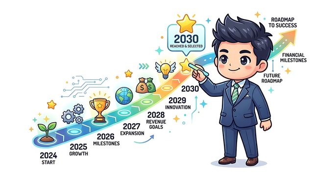Cartoon businessman showing 2030 business roadmap and success goals