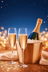 Fototapeta premium Champagne bottle chilling in ice bucket with two filled flutes on wooden table surrounded by golden confetti and bokeh lights