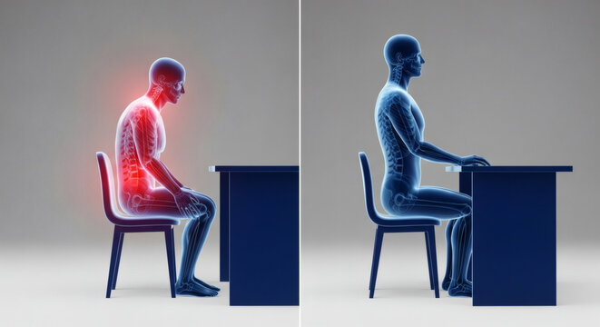 3D render comparing bad and good sitting posture at desk for ergonomics and spine health concept.
