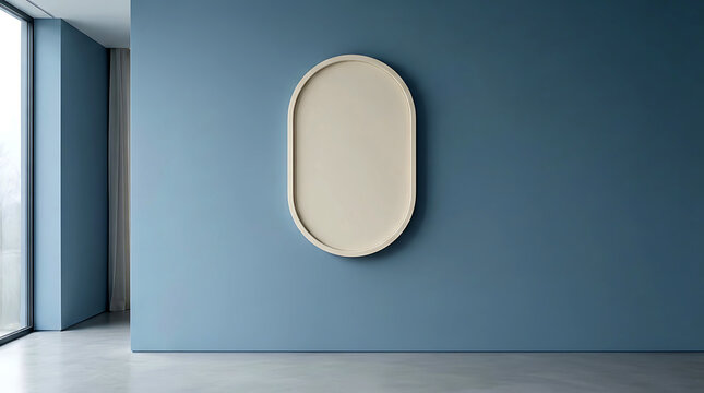 Empty oval wooden picture frame hanging on a dark blue wall in a modern living room interior