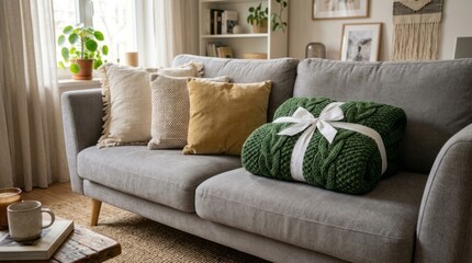 Fototapeta premium Cozy living room sofa with decorative knitted blanket and pillows near window.