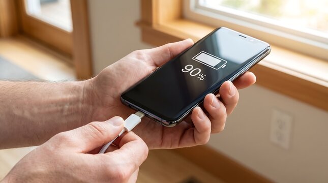 Man Plugging USB Cable into Smartphone Screen with 90 Percent Battery Icon Charging Mobile Device at Home Office Room