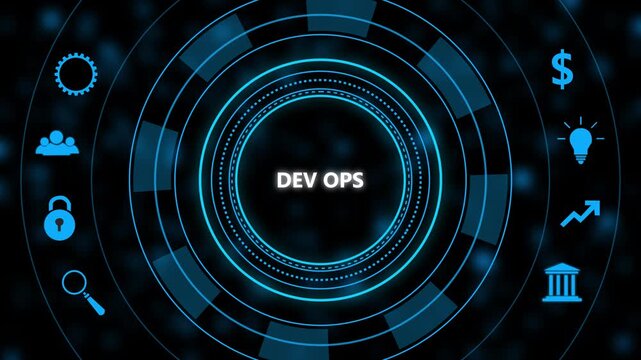 Dev ops technology hud interface with animated and digital data circles for software development and cloud computing concepts