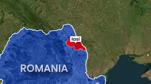 Animated map highlights the northeastern Romania region of Iasi video clip