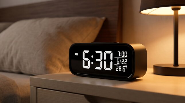 Digital alarm clock photorealistic render on a wooden bedside table with warm lamp light for a morning wake up scene.