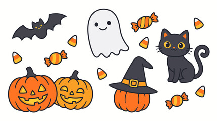 Fototapeta premium Cute halloween elements set with pumpkins, ghost, black cat, bat and candy