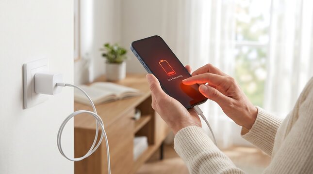 Low battery smartphone charging from wall outlet in a bright home interior for technology and power concepts today.