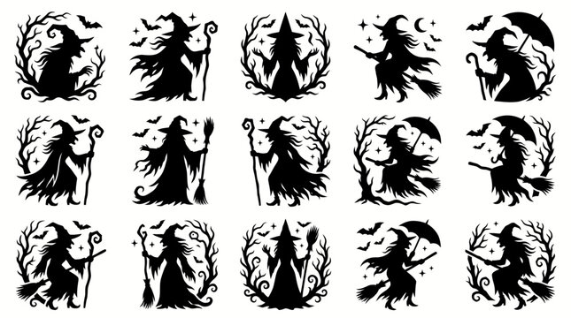 Set of halloween witch silhouettes, spooky characters with broomsticks, staffs, and umbrellas, vector illustrations