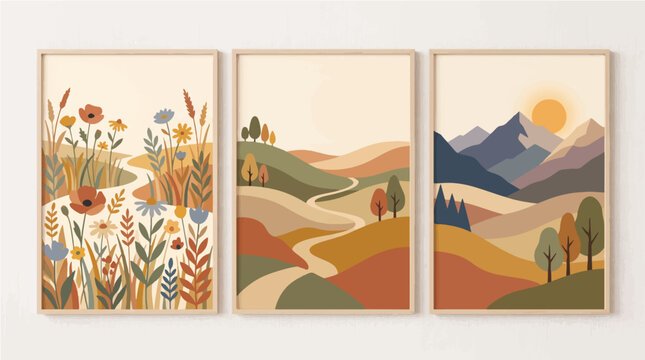 Minimalist vector illustration set depicting bohemian landscapes with blooming wildflowers rolling hills and majestic mountain peaks in soft earth tone colors